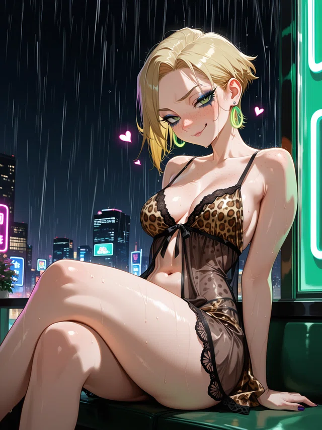 Anime portrait of a woman with golden blonde hair and a playful sideways smirk