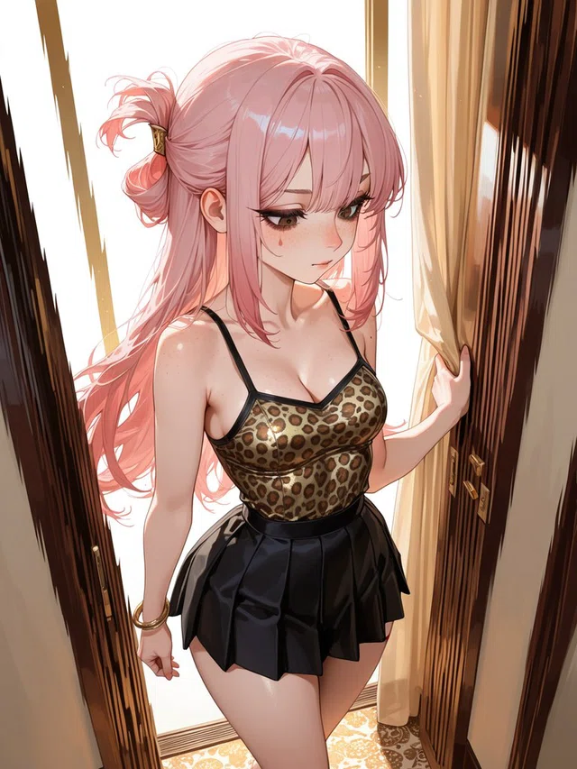 Anime character with long pink hair and a leopard-print top standing beside a cream curtain in a sunlit wooden doorway.