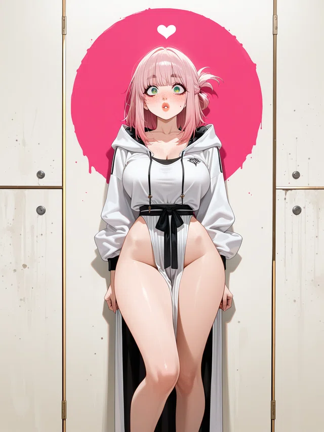 Anime-style character with pink hair and green eyes, wearing a white hoodie and high-slit outfit against a pink circle.
