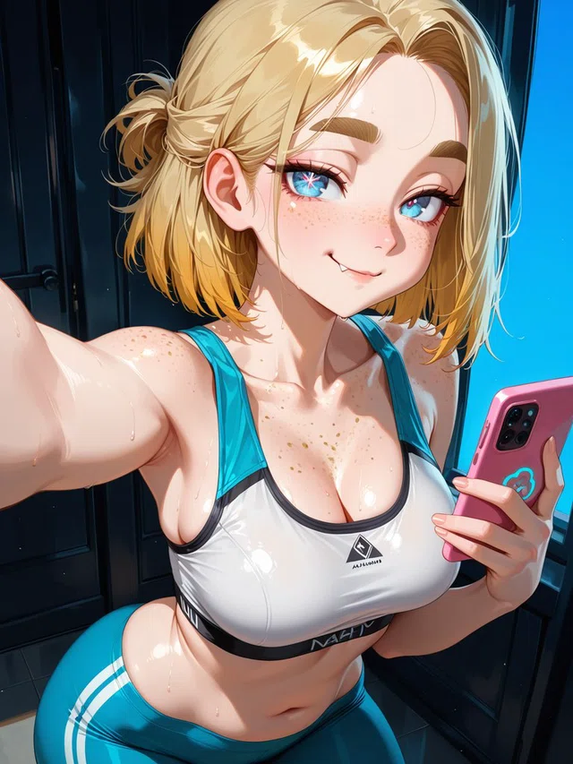 Anime portrait of a smiling, freckled blonde character in teal and white sportswear, holding a pink phone beside dark lockers.