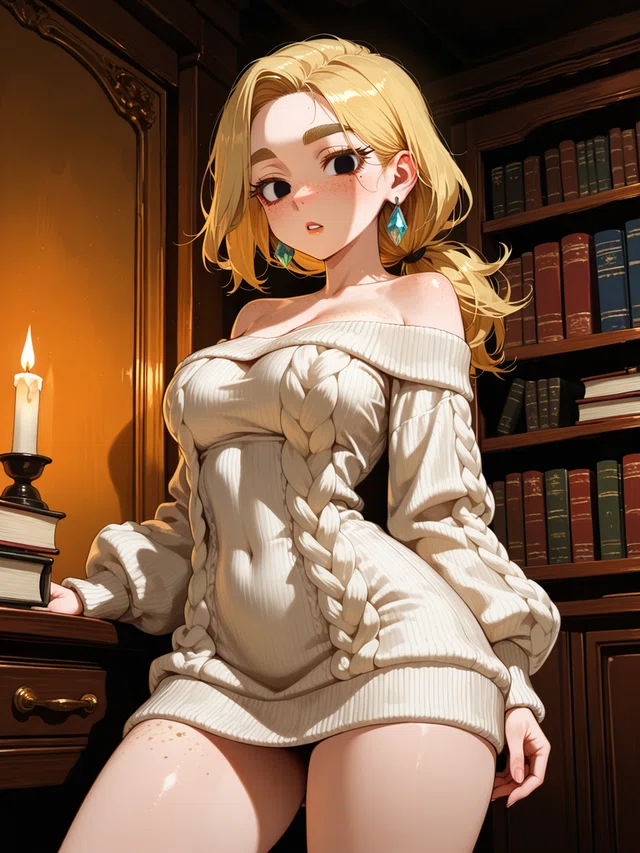 Blonde anime character in off-shoulder sweater, seated near candle and bookshelf