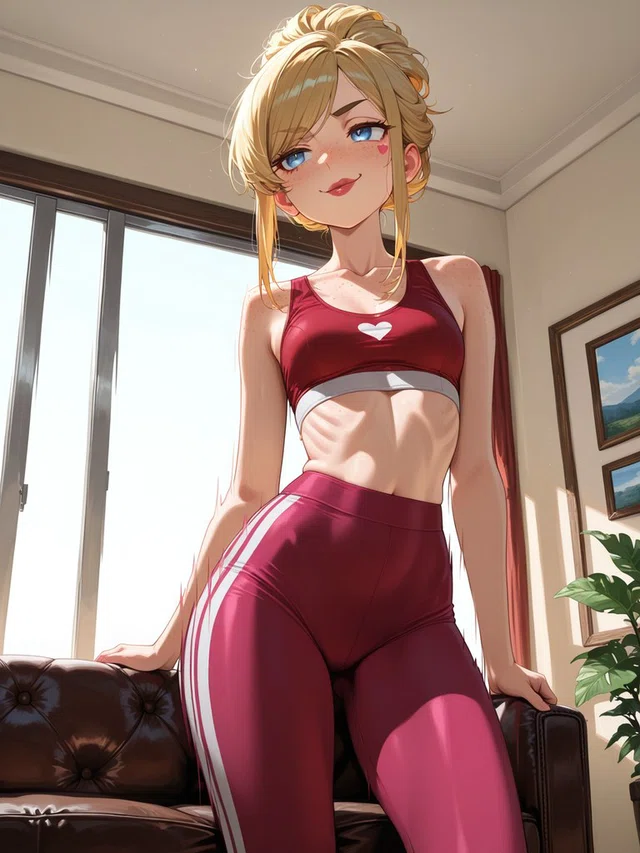 Anime character with blonde hair and blue eyes smiling in red athletic wear, resting both hands on a leather sofa in a sunlit room.