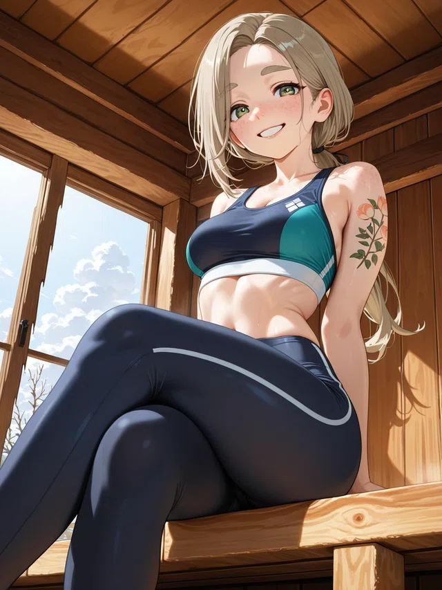 Smiling anime character with ash-blonde hair and green eyes, wearing athletic clothing while seated on a sunlit wooden bench.