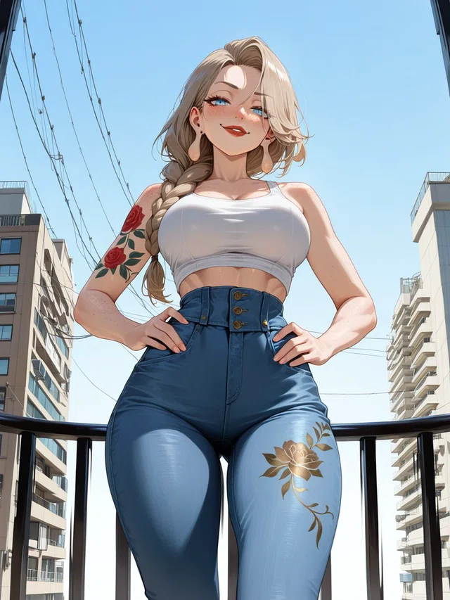 Smiling anime character with a blonde side braid, white crop top, and blue high-waisted jeans, standing hands on hips above a city street.