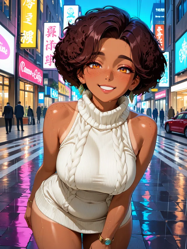 Anime-style woman with curly brown hair in white knit top, smiling on a wet city street at night.