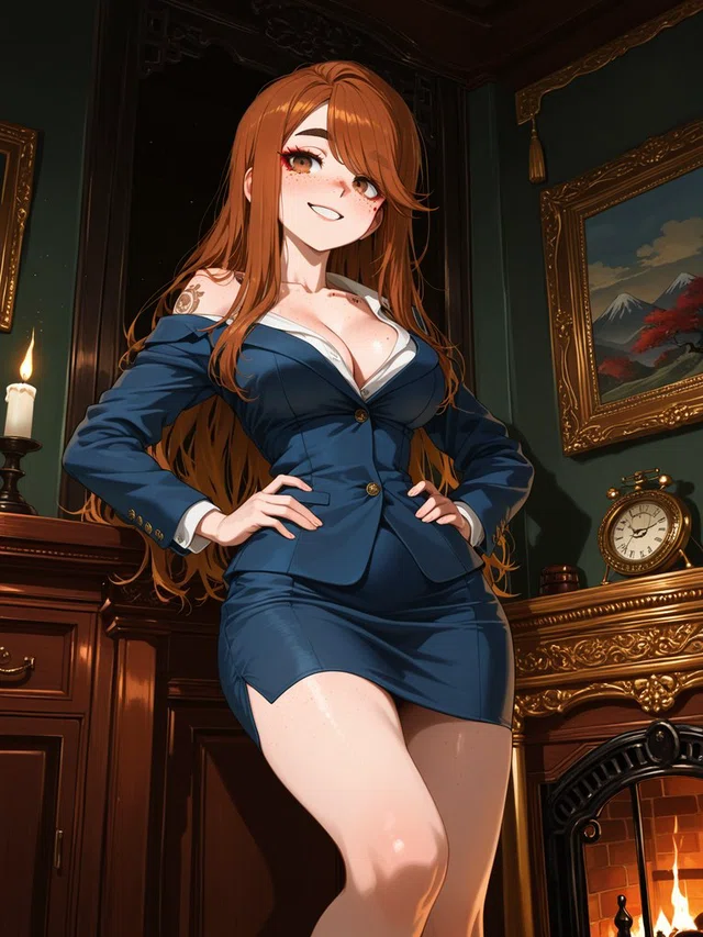 Smiling anime woman with long reddish-brown hair poses with hands on her hips in a navy skirt suit beside a lit fireplace.