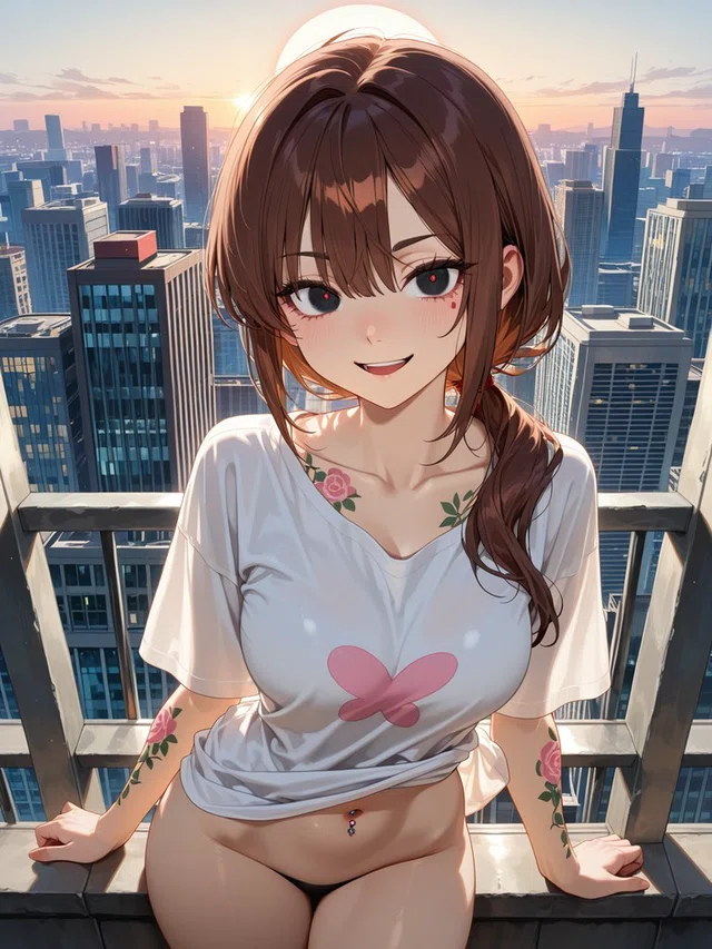Smiling anime character with brown hair, a white butterfly-print shirt, and floral tattoos, seated before a sunset city skyline.