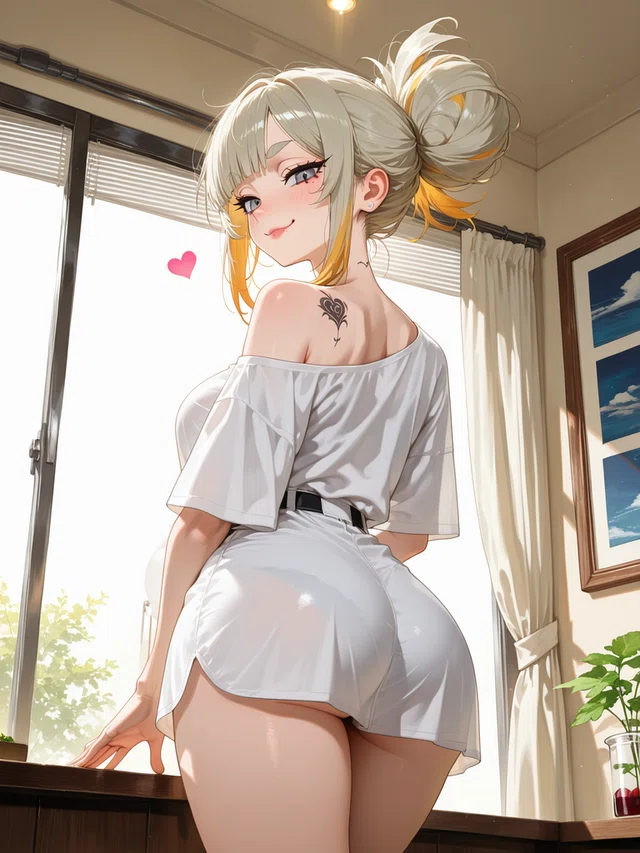 Anime-style character with silver hair in a high ponytail, wearing a white off-shoulder top and shorts, leaning near a sunlit window.