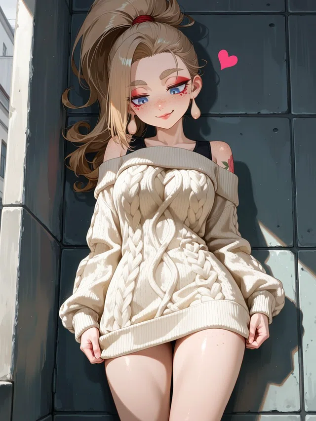 Anime character with a high brown ponytail and blue eyes, smiling in an oversized cream cable-knit sweater against a dark tiled wall.