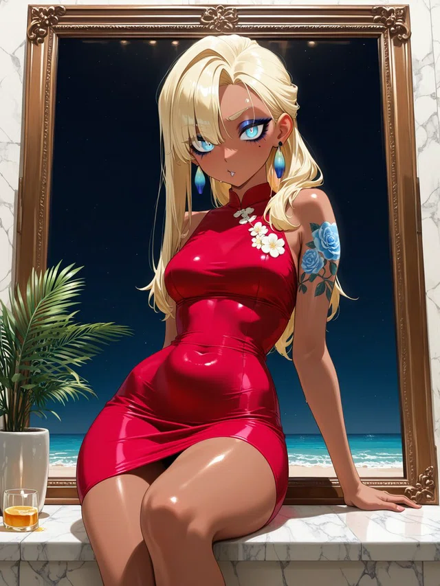Blonde anime figure in a red dress seated on a marble ledge, with turquoise eyes, blue earrings, and a blue rose arm tattoo.
