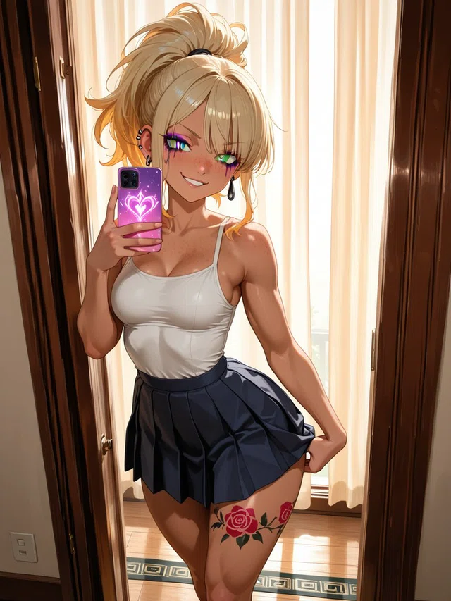 Smiling blonde anime character holding a pink heart-design phone, wearing a white camisole and navy skirt, with a rose tattoo on one thigh.