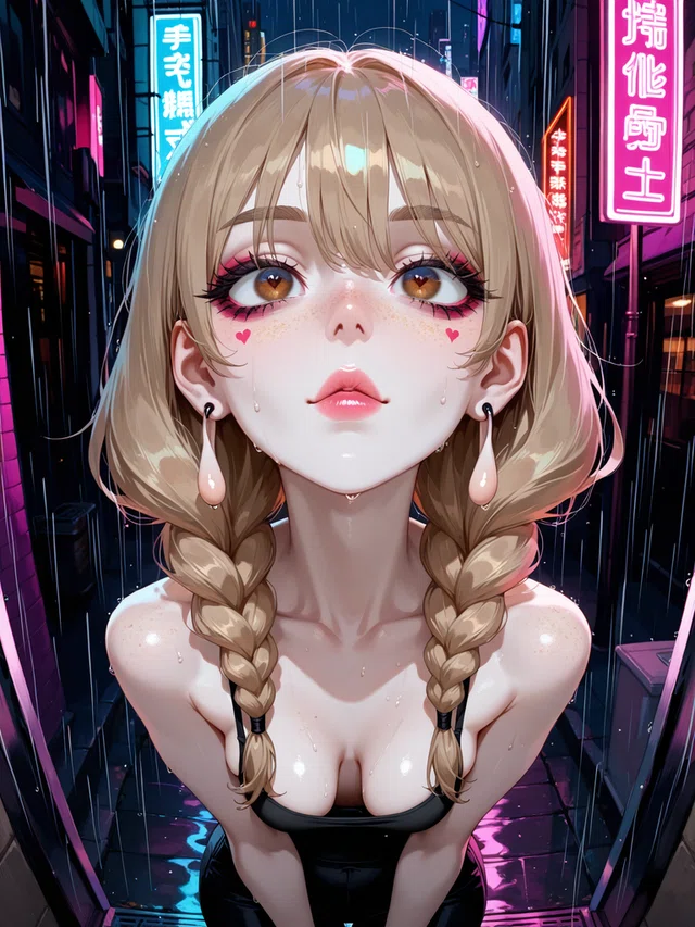 Anime girl with braided blonde hair and heart cheek marks in neon-lit rain