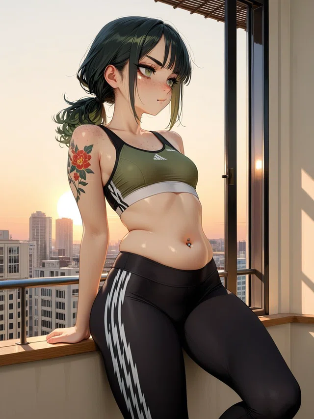 Anime character with tied-back black hair and a floral arm tattoo sits on a window ledge overlooking a city at sunset.