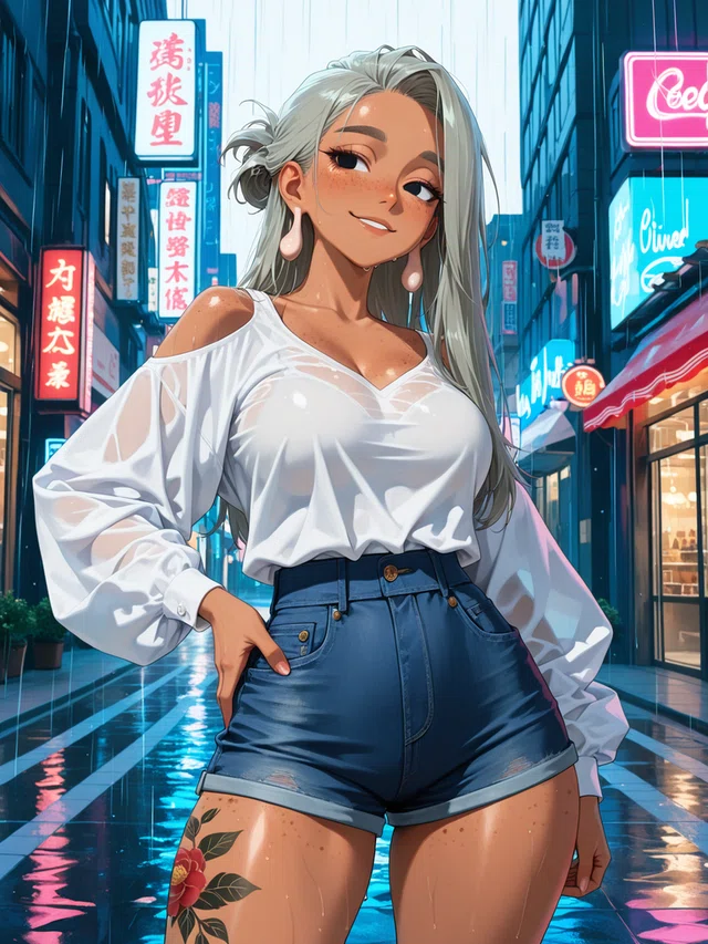 Anime-style woman with silver hair in a rainy city street, wearing a white off-shoulder top and denim shorts.