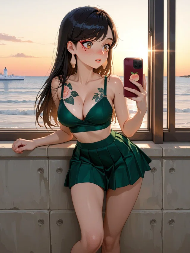 Anime character with long black hair and a dark green outfit holding a phone beside a window overlooking the sea at sunset.