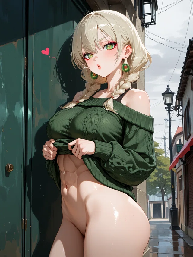 Blonde anime character in green sweater, pulling it down on a street