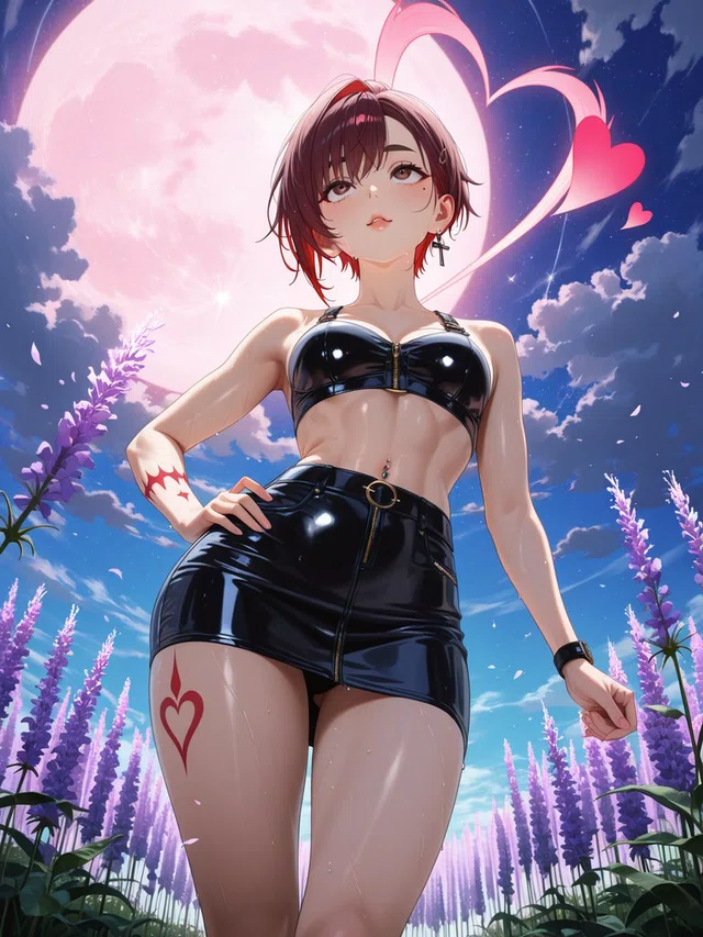 Anime figure with short brown hair and glossy black clothing stands among purple flowers beneath a huge pink moon and glowing hearts.
