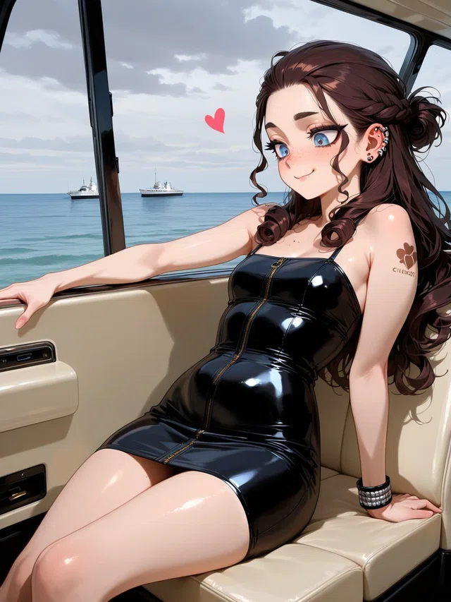 Smiling anime character with long brown curls and blue eyes, wearing a glossy black dress on a beige seat beside an ocean-view window.