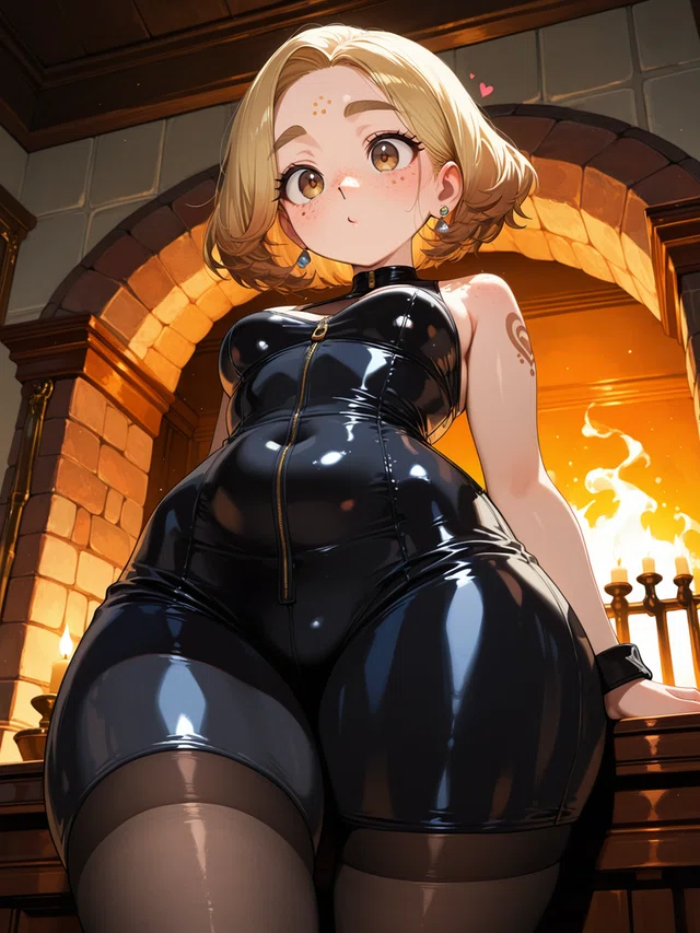 Blonde anime character in shiny black bodysuit, leaning near candles under an archway.