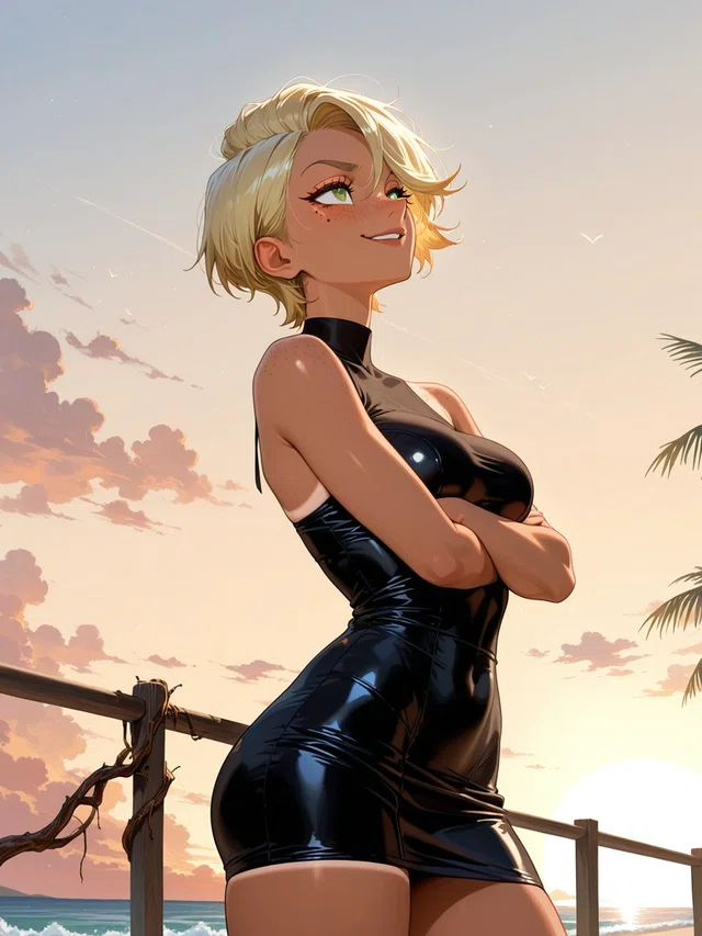 Smiling blonde anime character with crossed arms in a glossy black dress beside an ocean sunset.