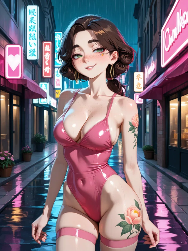 Anime woman in pink swimsuit with rose tattoos, standing on a rainy neon-lit street.