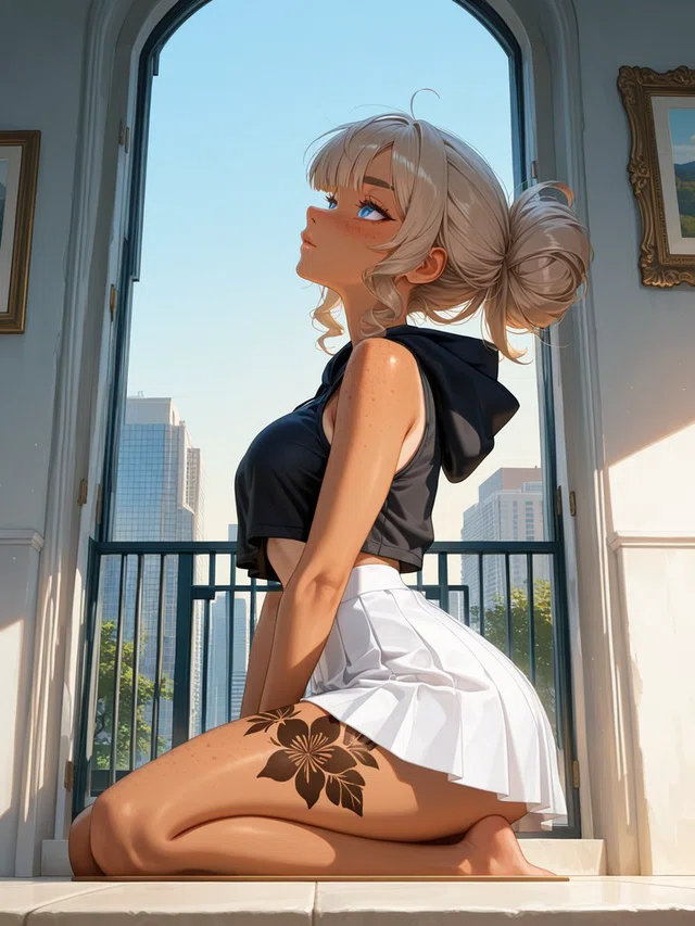 Anime character with silver hair in a loose bun kneels by an arched window, wearing a black cropped hoodie and white pleated skirt.