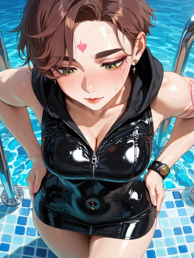 Brown-haired anime character in a glossy black hooded outfit beside a pool, with green eyes and a pink heart on the forehead.