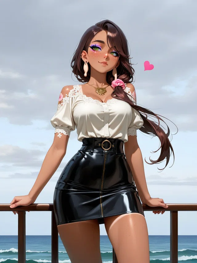 Anime-style figure with long brown hair, a white lace-trimmed blouse, and a glossy black skirt leaning against a seaside railing.