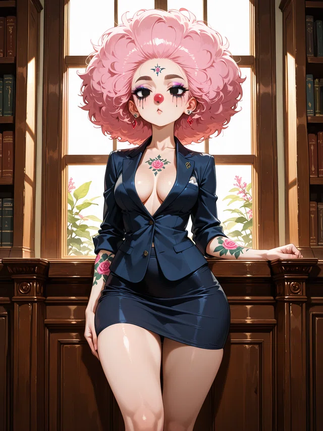 Pink-haired anime character in dark suit leaning on wooden railing near window