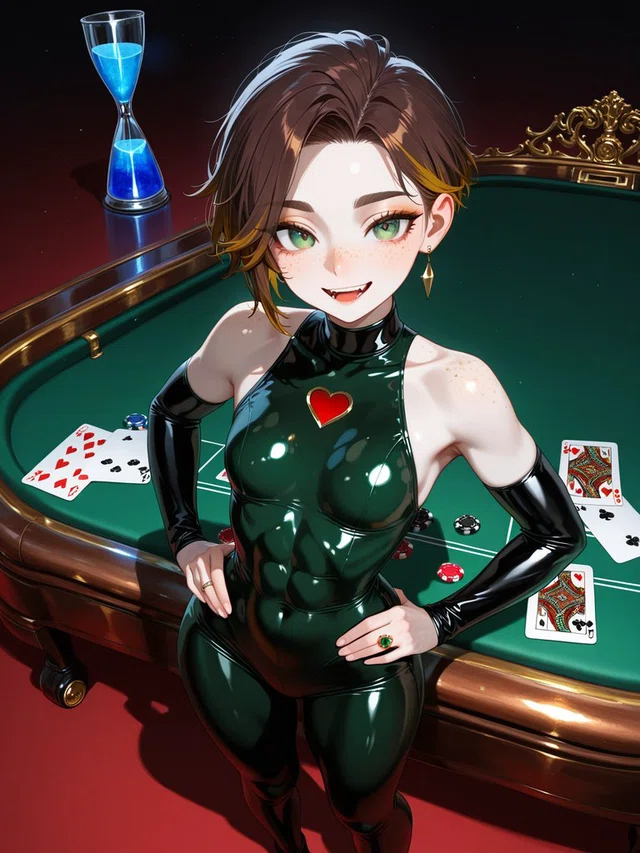Smiling anime character with short brown hair and green eyes, wearing a glossy dark green outfit beside a card table.