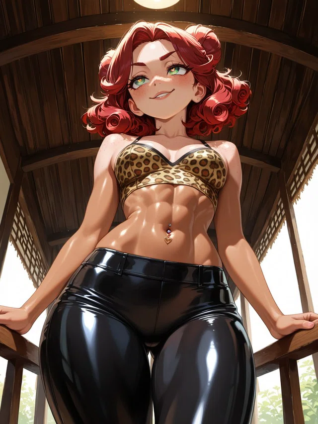 Low-angle anime portrait of a smiling, red-haired character in a leopard-print crop top and glossy black pants beneath a wooden roof.