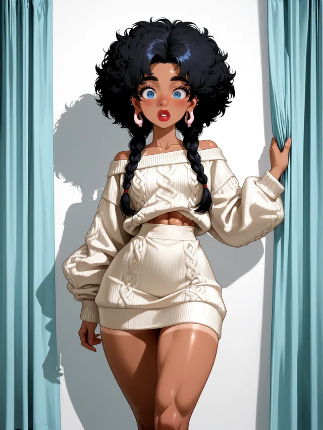 Anime character with curly black hair and two braids, wearing a cream knit outfit and holding a teal curtain with a surprised expression.