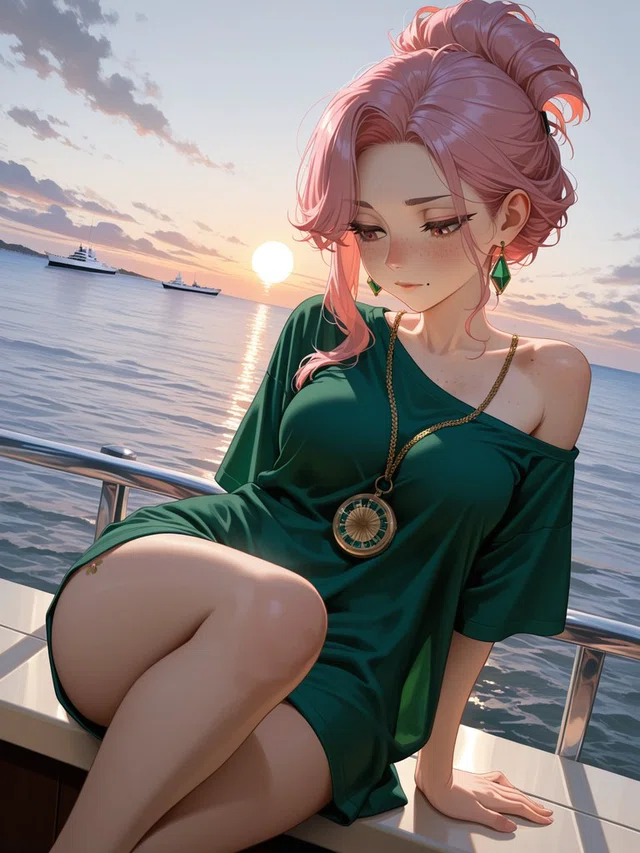 Anime figure with pink hair in an updo and a dark green dress, seated beside a boat railing with the sun low over the sea.