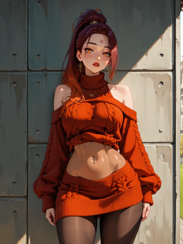 Anime-style woman in orange knitwear against a weathered wall, sunlight on her face.