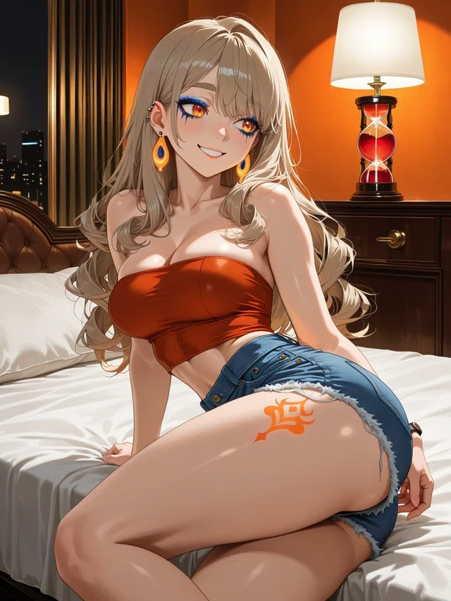 Smiling anime character with long blonde curls, an orange strapless top, and denim shorts, seated on a bed beside a glowing lamp.