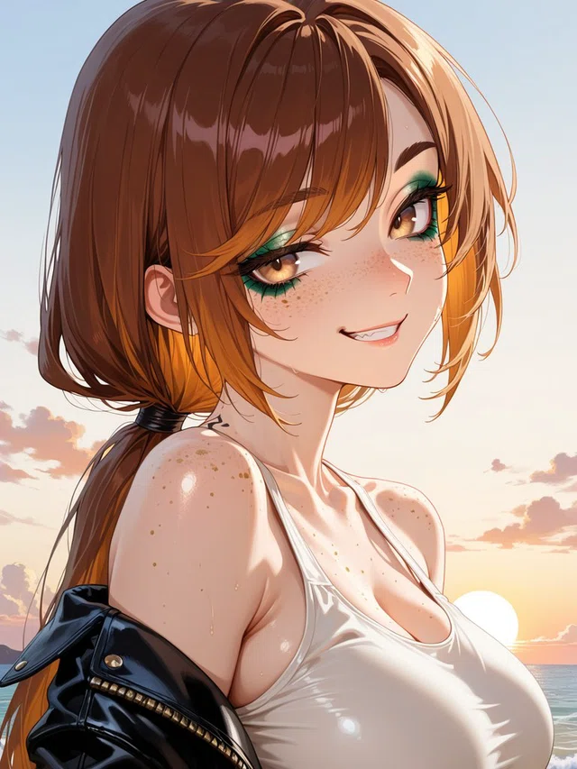 Smiling anime character with brown hair, freckles, and green eye makeup, wearing a white top and black jacket by the ocean at sunset.