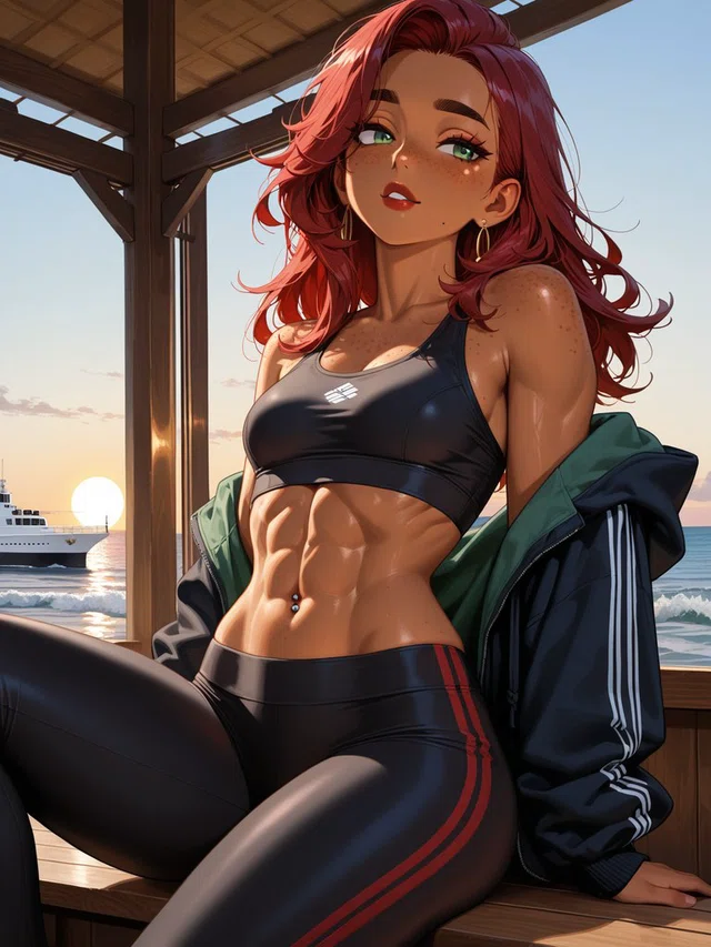 Red-haired anime figure in black sportswear sits beneath a wooden seaside shelter with a ship and sunset behind her.