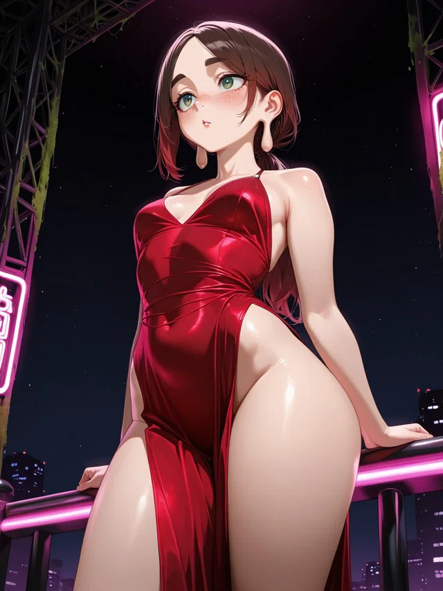 Anime figure with brown hair and green eyes wearing a glossy red dress, leaning against a pink-lit railing above a nighttime city.