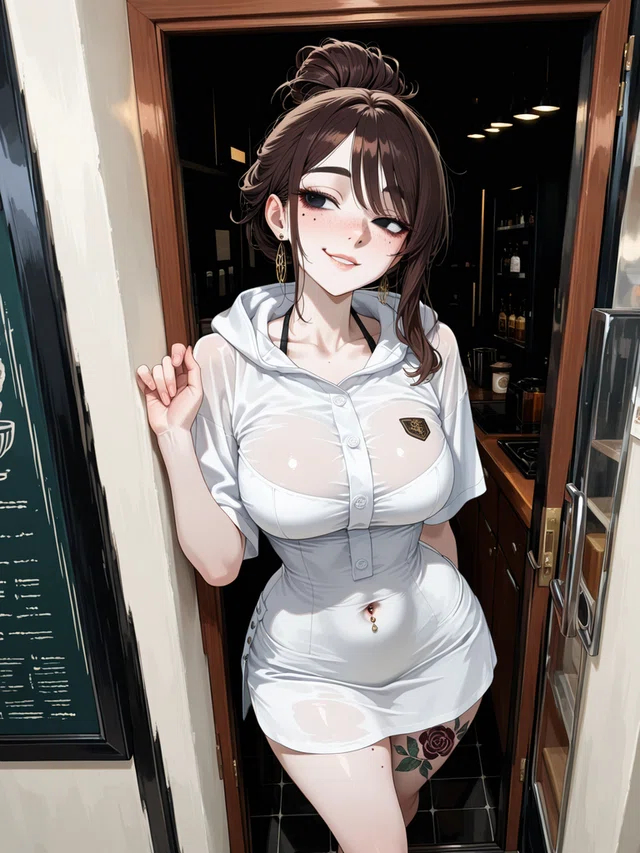 Anime woman in white dress leaning in doorway with rose tattoo