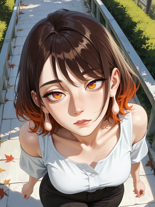 Anime portrait viewed from above, with brown and orange hair, amber eyes, freckles, and a white top on a sunlit walkway.