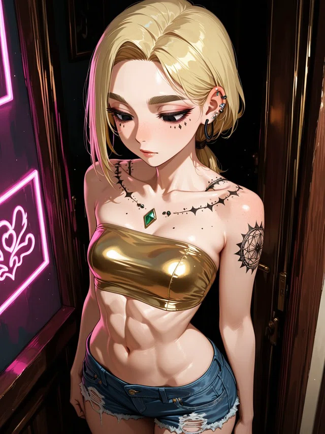Blonde anime character looking downward, wearing a metallic gold strapless top and frayed denim shorts beside pink neon lights.