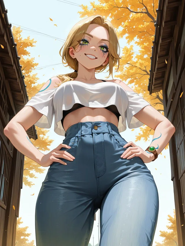 Low-angle anime portrait of a smiling blonde figure with hands on hips, wearing a white cropped top and blue jeans beneath golden autumn trees.