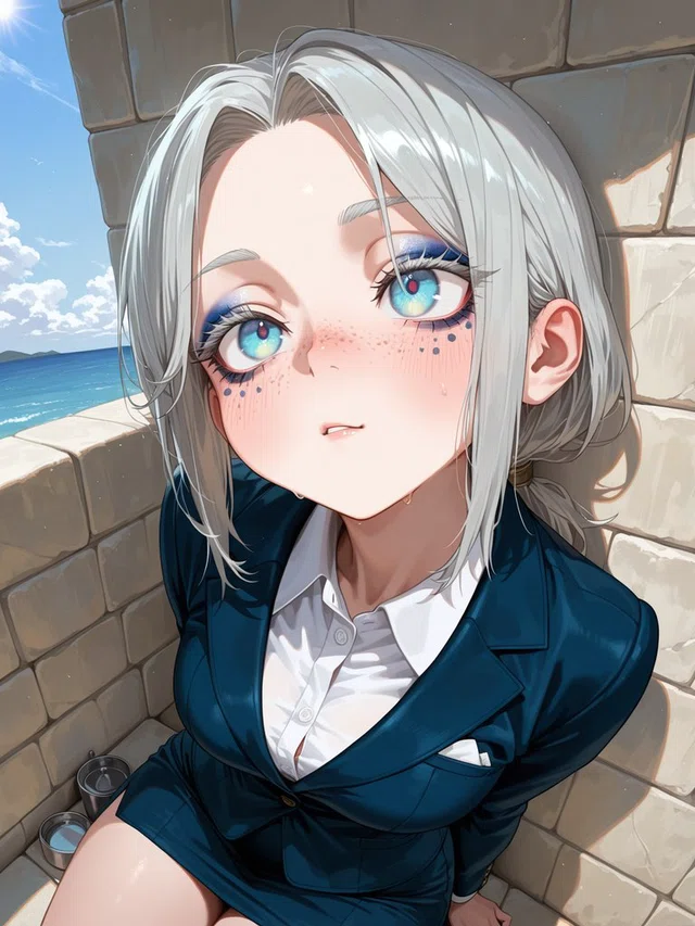 Anime portrait of a silver-haired character with turquoise eyes and freckles, wearing a navy suit beside a seaside stone wall.