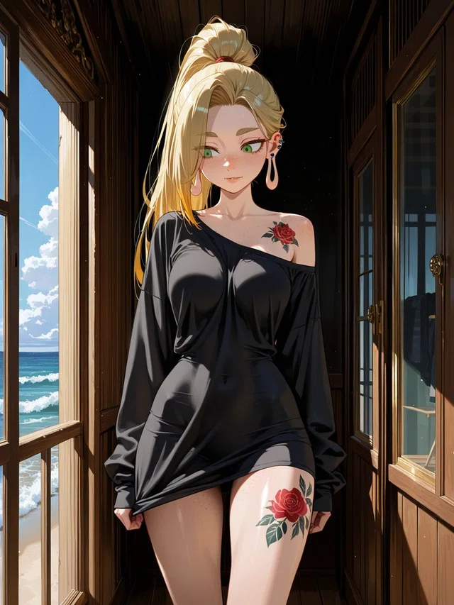 Anime character with blonde hair, green eyes, and rose tattoos wearing a black off-shoulder dress in a wooden corridor beside the ocean.