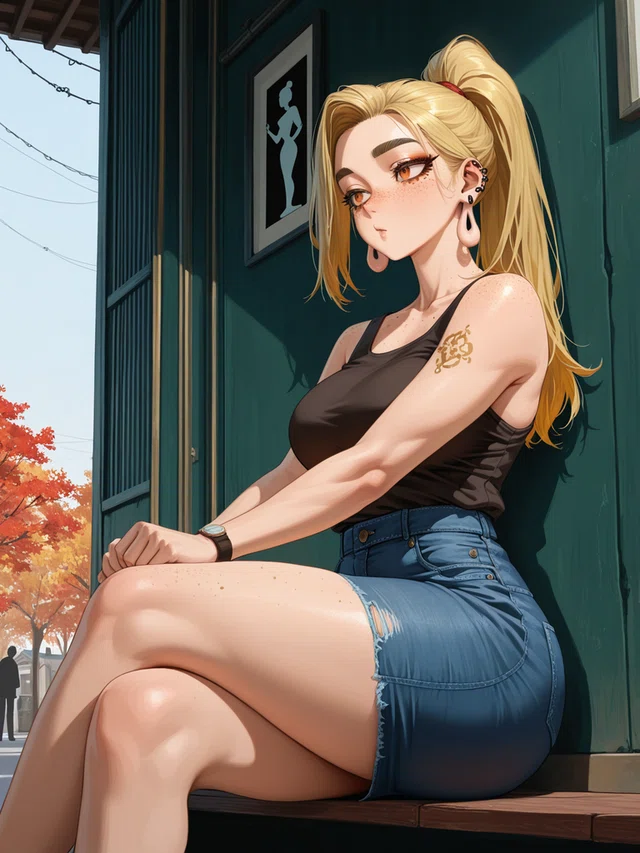 Anime-style portrait of a blonde character with a high ponytail, seated with crossed legs beside a teal wall.
