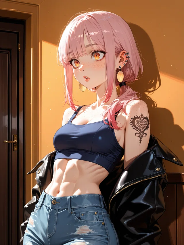 Pink-haired anime character with heart tattoo, wearing crop top and denim, leaning near a door.