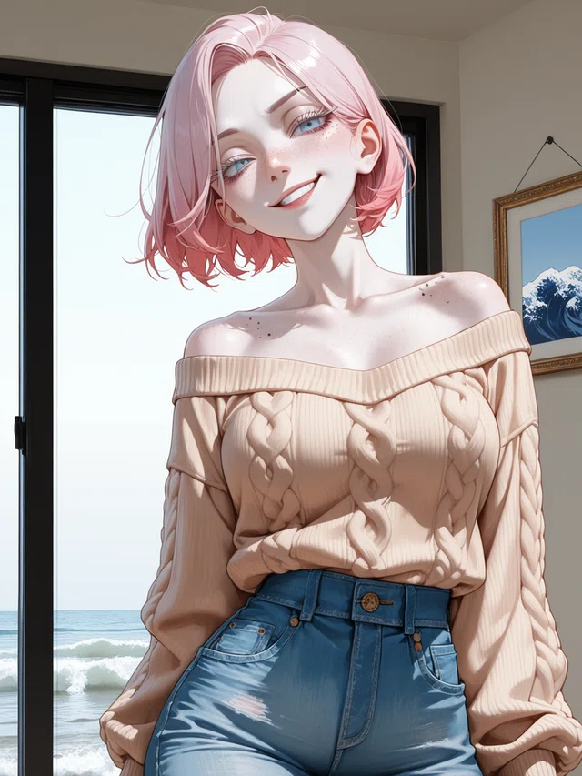 Smiling anime character with a pink bob, blue eyes, a cream off-the-shoulder sweater, and blue jeans beside an ocean-facing window.