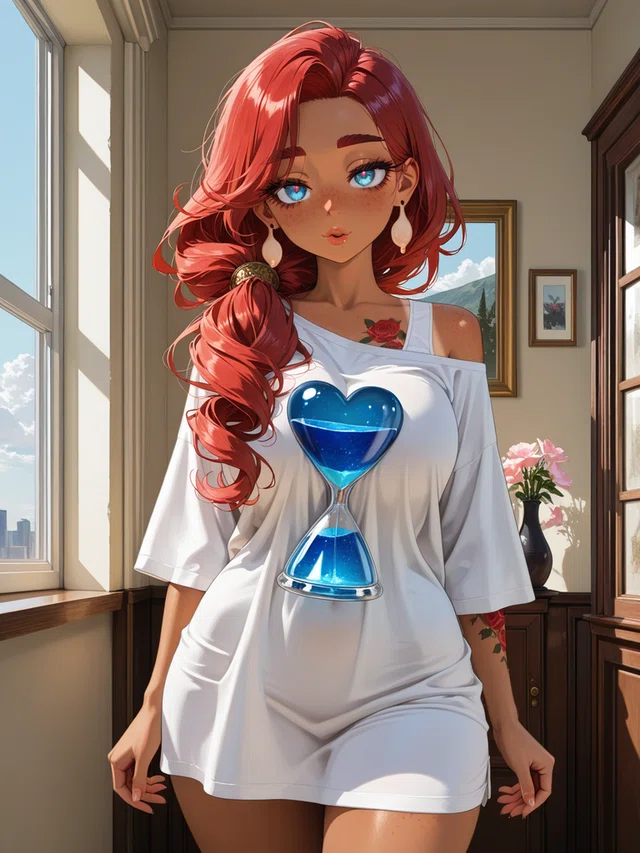 Anime-style woman with red hair and blue eyes, wearing a white shirt with a heart-shaped hourglass design, standing near a window.