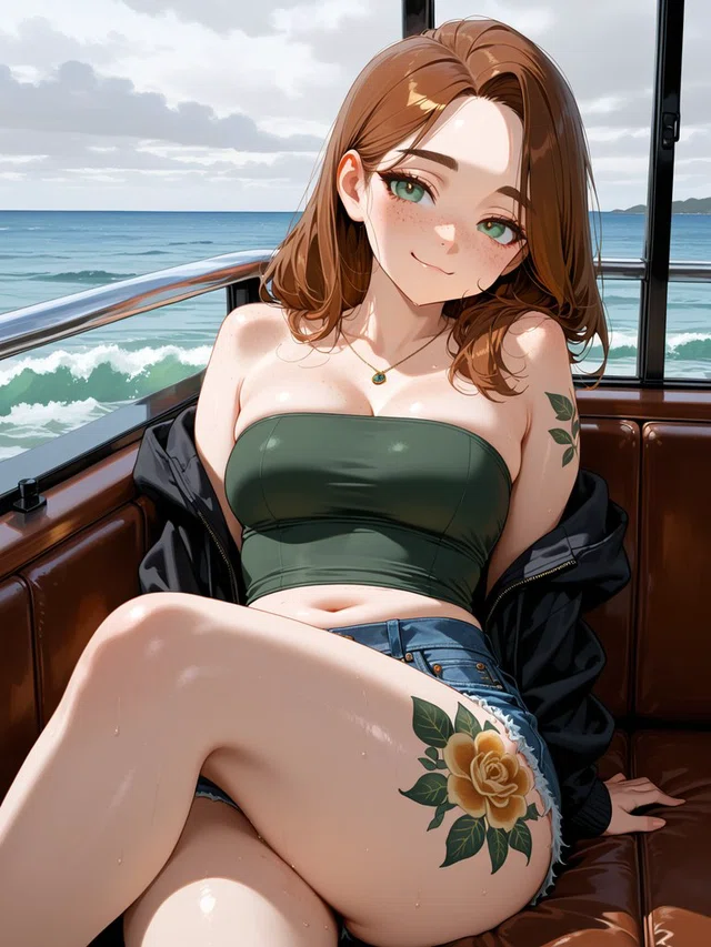 Anime portrait of a smiling, brown-haired character seated on a boat, wearing a green strapless top and denim shorts, with floral tattoos.