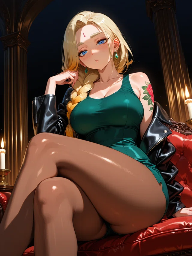 Blonde anime woman in green dress and black jacket, seated on red couch with candles.